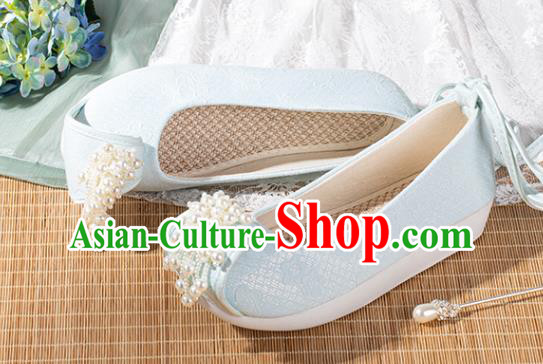 China Ancient Princess Pearls Toe Shoes Hanfu Shoes Traditional Tang Dynasty Blue Cloth Shoes