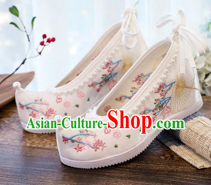 Chinese National Wedge Heel Shoes Embroidery White Cloth Shoes Traditional Woman Shoes