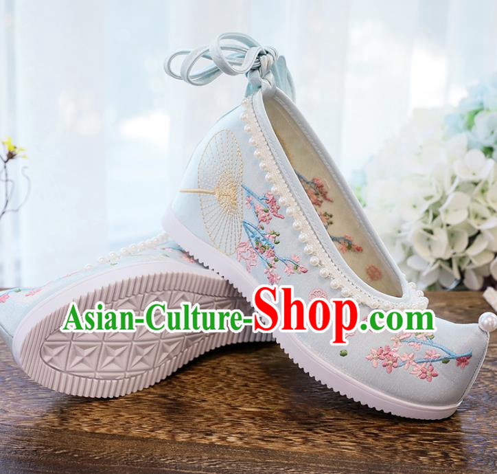 Chinese Traditional Woman Shoes National Wedge Heel Shoes Embroidery Blue Cloth Shoes