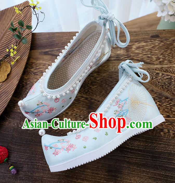 Chinese Traditional Woman Shoes National Wedge Heel Shoes Embroidery Blue Cloth Shoes