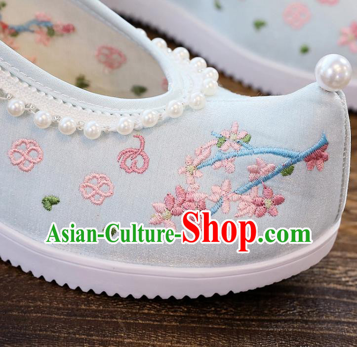 Chinese Traditional Woman Shoes National Wedge Heel Shoes Embroidery Blue Cloth Shoes