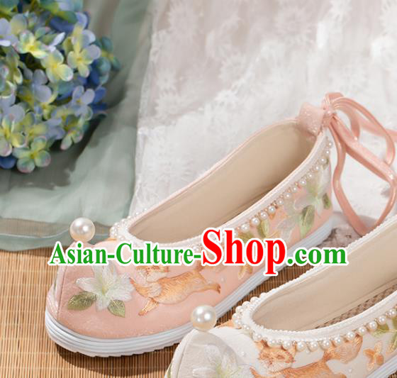 China Hanfu Pearls Shoes Traditional Ming Dynasty Embroidered Shoes Ancient Princess Pink Cloth Shoes