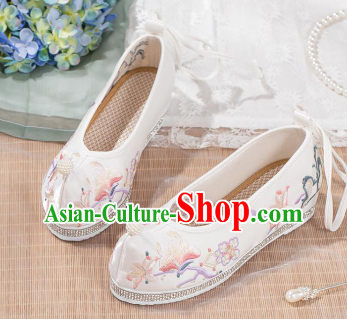 Chinese Classical Embroidery Mangnolia Shoes Traditional Woman White Cloth Shoes National Dance Shoes