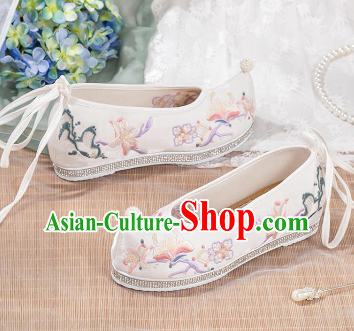 Chinese Classical Embroidery Mangnolia Shoes Traditional Woman White Cloth Shoes National Dance Shoes