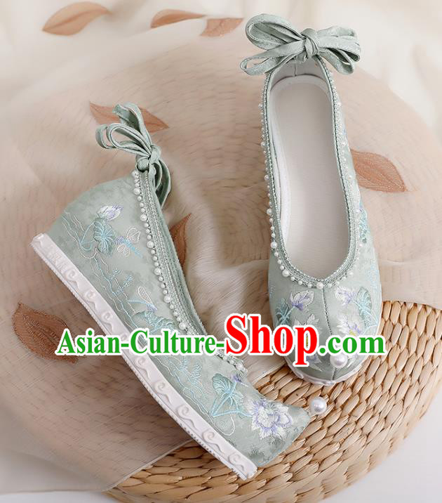 Chinese Embroidery Lotus Shoes Traditional Woman Green Cloth Shoes Classical Dance Shoes