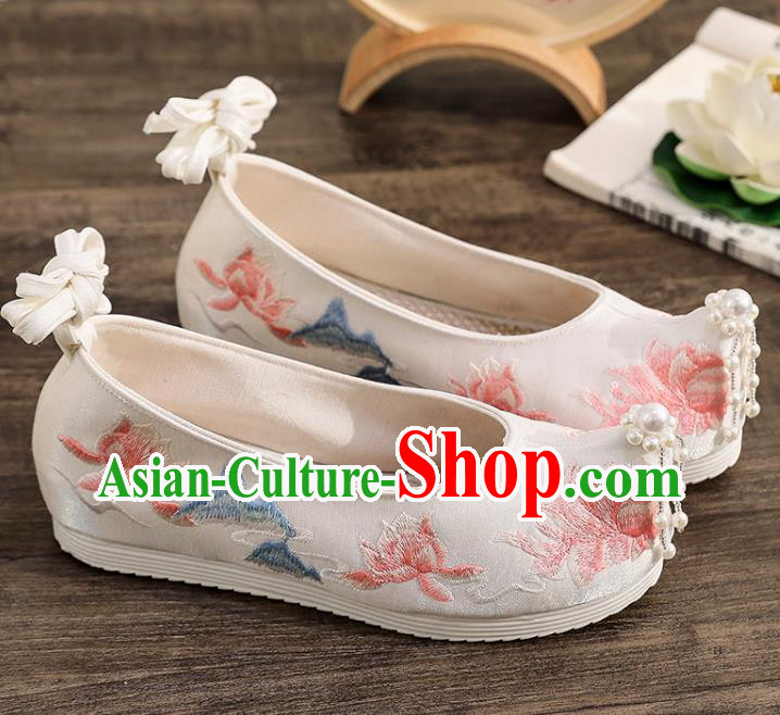 China Traditional Hanfu Beads Toe Shoes Ancient Ming Dynasty Embroidered Shoes Princess Shoes