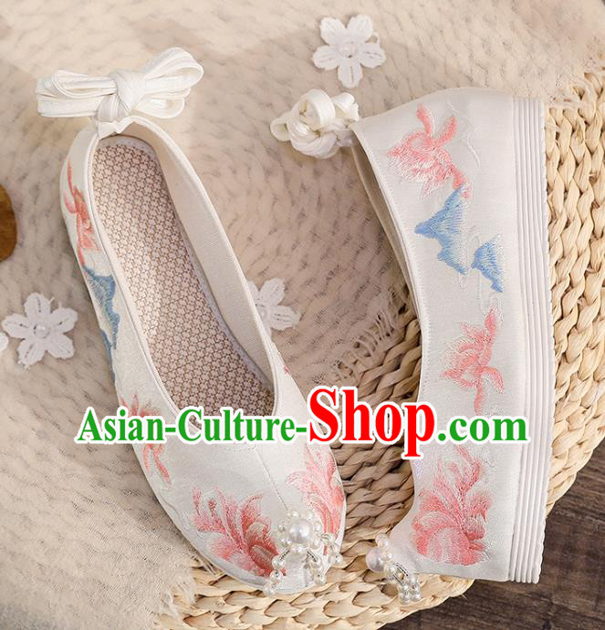 China Traditional Hanfu Beads Toe Shoes Ancient Ming Dynasty Embroidered Shoes Princess Shoes