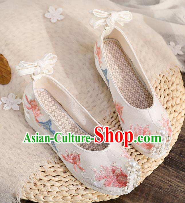 China Traditional Hanfu Beads Toe Shoes Ancient Ming Dynasty Embroidered Shoes Princess Shoes