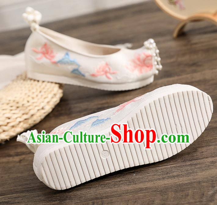 China Traditional Hanfu Beads Toe Shoes Ancient Ming Dynasty Embroidered Shoes Princess Shoes