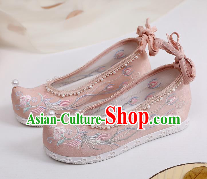 Chinese Classical Pearls Shoes National Embroidery Phoenix Peony Shoes Traditional Pink Cloth Shoes