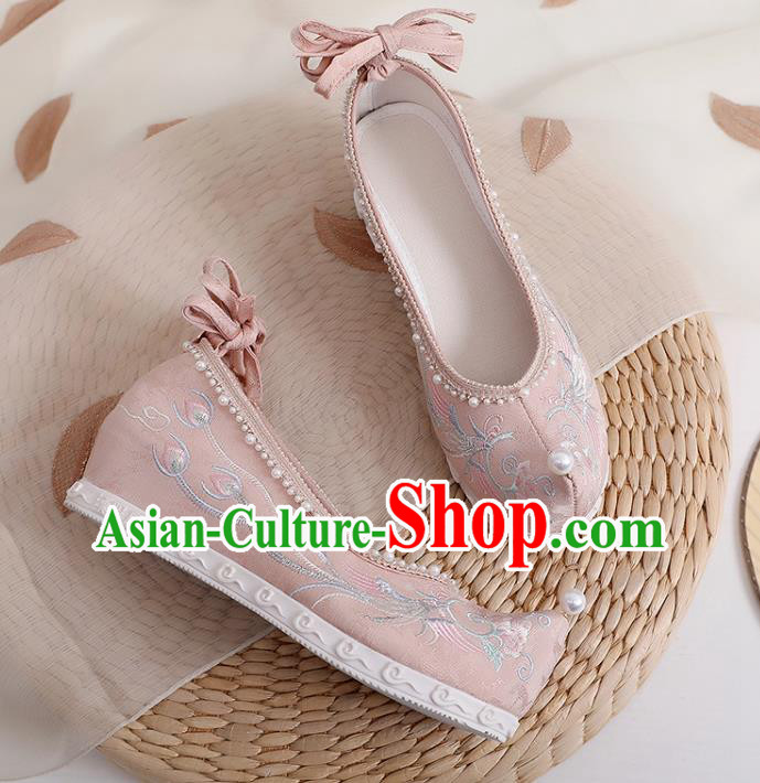 Chinese Classical Pearls Shoes National Embroidery Phoenix Peony Shoes Traditional Pink Cloth Shoes