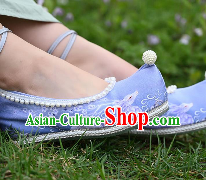 China Handmade Ming Dynasty Bow Shoes Ancient Princess Shoes Traditional Hanfu Blue Cloth Shoes