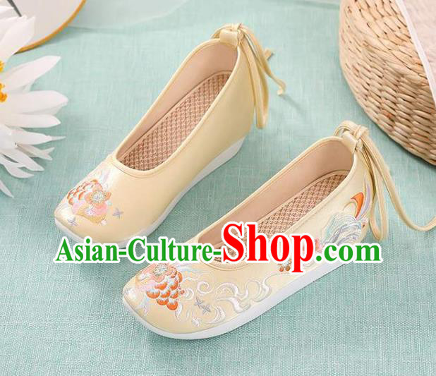 Chinese Embroidery Peony Shoes National Woman Footwear Traditional Beijing Yellow Cloth Shoes