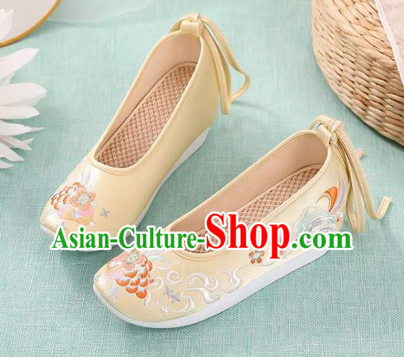 Chinese Embroidery Peony Shoes National Woman Footwear Traditional Beijing Yellow Cloth Shoes