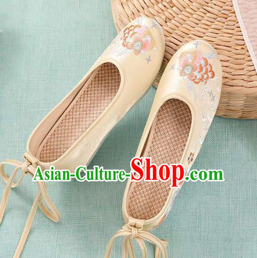 Chinese Embroidery Peony Shoes National Woman Footwear Traditional Beijing Yellow Cloth Shoes