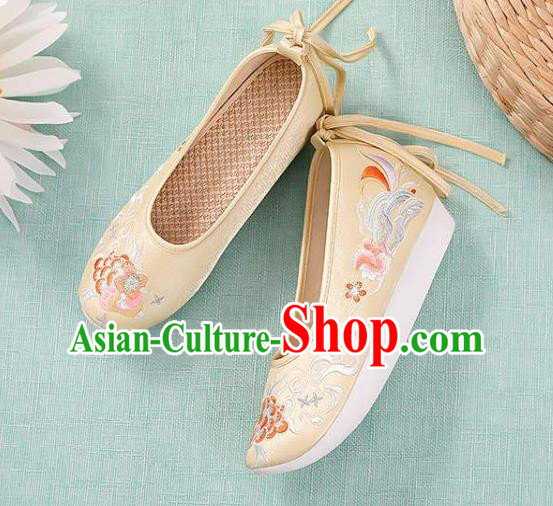Chinese Embroidery Peony Shoes National Woman Footwear Traditional Beijing Yellow Cloth Shoes