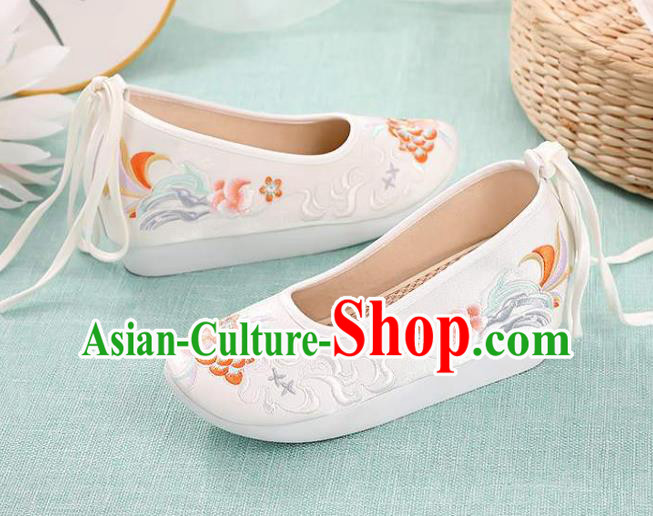 Chinese Traditional Beijing White Cloth Shoes Embroidery Peony Shoes National Woman Footwear