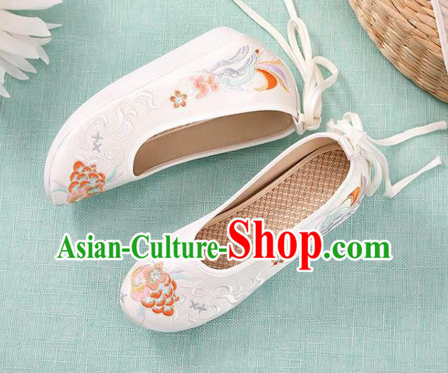 Chinese Traditional Beijing White Cloth Shoes Embroidery Peony Shoes National Woman Footwear
