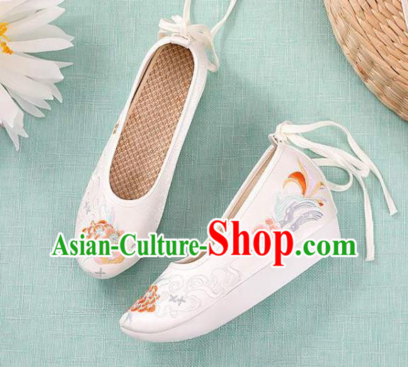 Chinese Traditional Beijing White Cloth Shoes Embroidery Peony Shoes National Woman Footwear