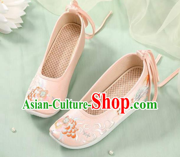 Chinese National Woman Footwear Traditional Beijing Pink Cloth Shoes Embroidery Peony Shoes
