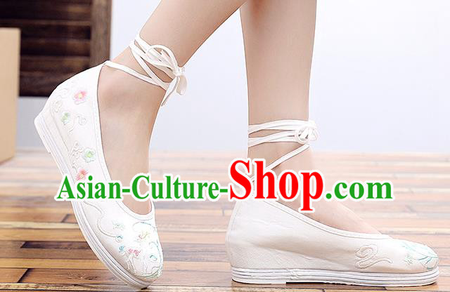 Chinese Classical Dance Shoes National Embroidered White Cloth Shoes Traditional Hanfu Shoes
