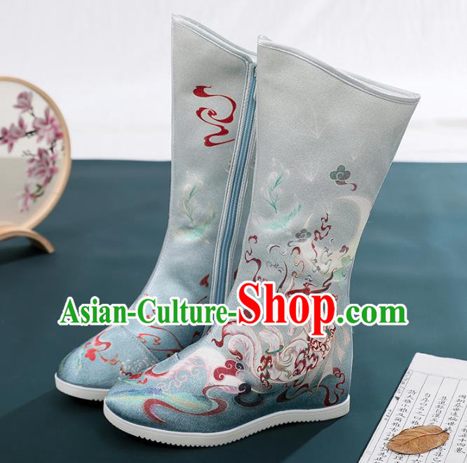 Chinese Traditional Hanfu Footwear Embroidery Shoes Ancient Swordswoman Blue Boots