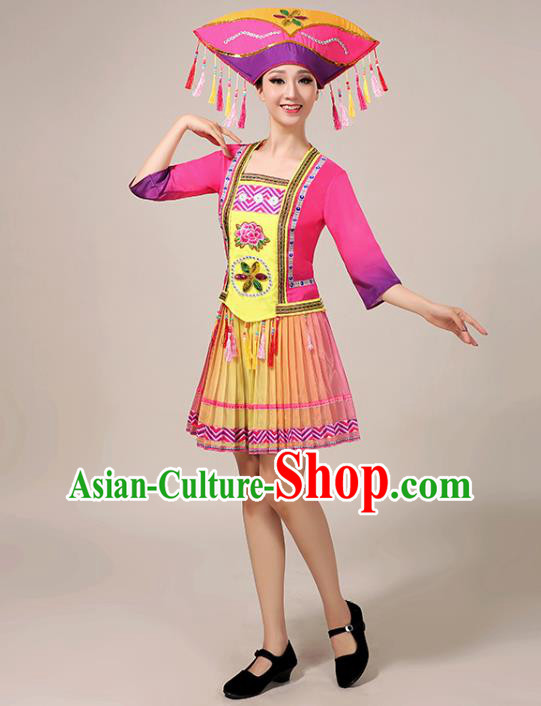 Chinese Zhuang Ethnic Folk Dance Garment Clothing Guangxi Nationality Stage Performance Rosy Short Dress Outfits