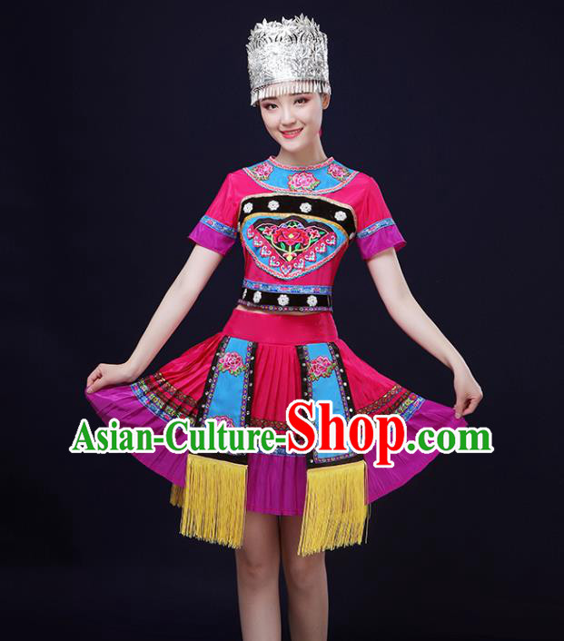 Chinese Yi Minority Performance Rosy Outfits Clothing Miao Ethnic Garment Hmong Nationality Folk Dance Short Dress