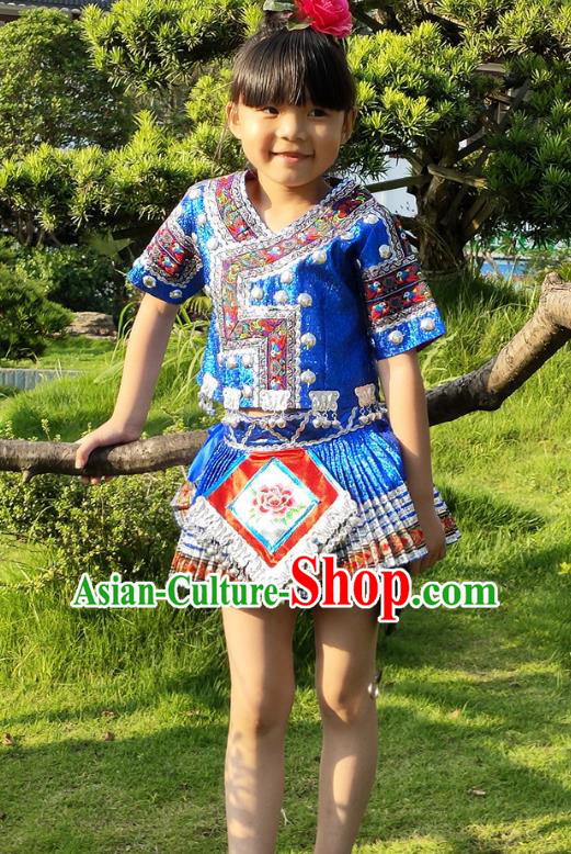 Chinese Xiangxi Ethnic Garment Costumes Traditional Miao Nationality Girls Blue Outfits Clothing