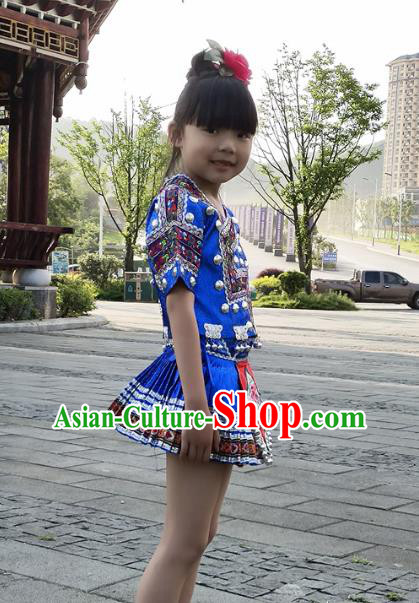 Chinese Xiangxi Ethnic Garment Costumes Traditional Miao Nationality Girls Blue Outfits Clothing