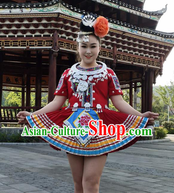 Chinese Miao Minority Red Outfits Ethnic Folk Dance Garment Guizhou Nationality Performance Short Dress Clothing