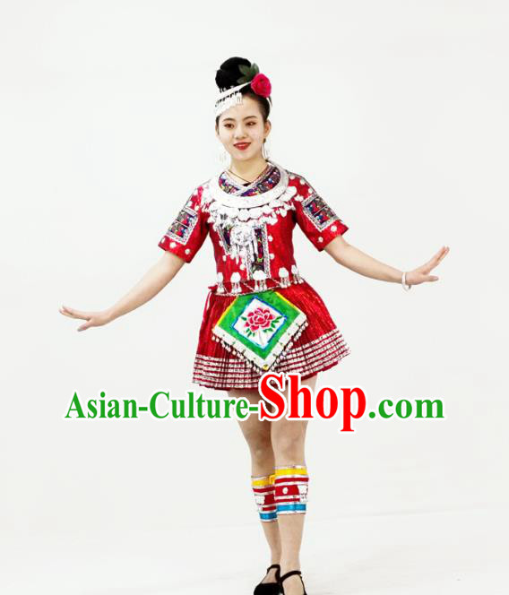 Chinese Miao Nationality Folk Dance Garment Clothing Hmong Minority Ethnic Red Short Dress Outfits and Headpieces