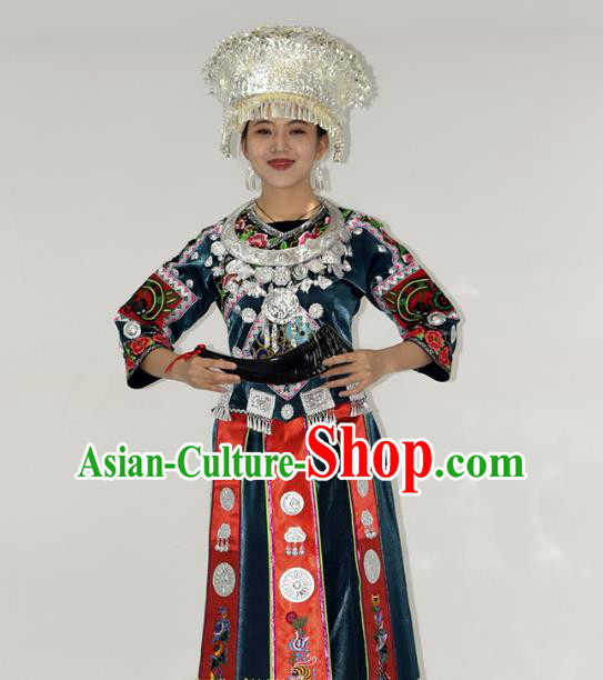 Chinese Miao Nationality Stage Performance Garment Clothing Hmong Minority Ethnic Peacock Blue Dress Outfits and Silver Hat