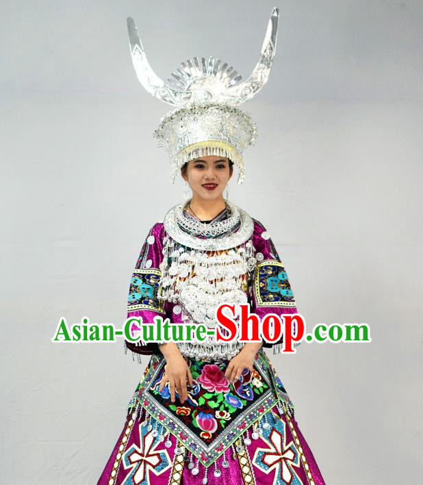 Chinese Hmong Minority Bride Purple Dress Ethnic Folk Dance Garment Outfits Miao Nationality Wedding Clothing and Silver Headdress