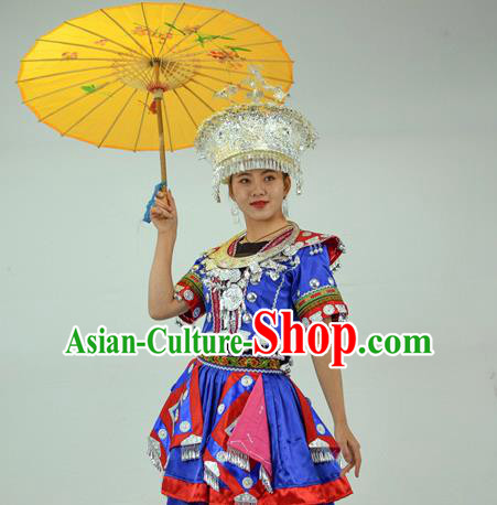 Chinese Ethnic Festival Garment Outfits Miao Nationality Clothing Hmong Minority Folk Dance Royalblue Dress and Headdress