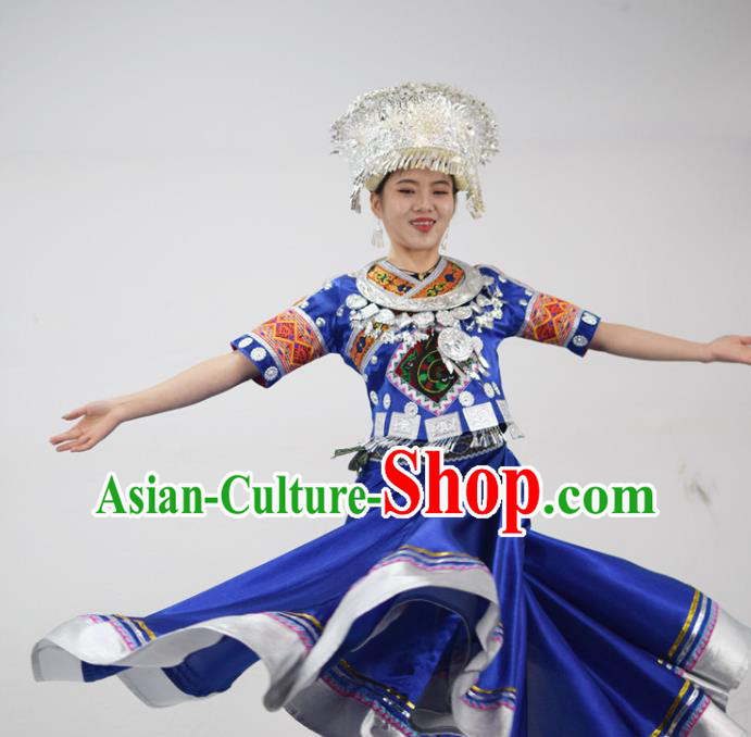 Chinese Hmong Minority Folk Dance Royalblue Dress Ethnic Festival Garment Outfits Miao Nationality Clothing and Headwear
