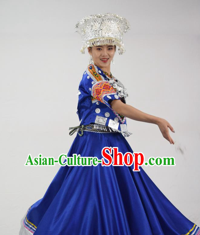 Chinese Hmong Minority Folk Dance Royalblue Dress Ethnic Festival Garment Outfits Miao Nationality Clothing and Headwear