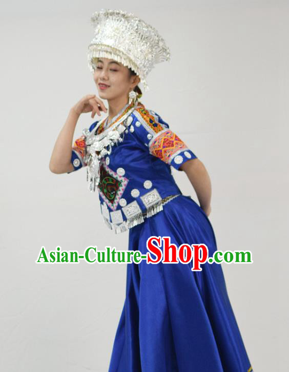 Chinese Hmong Minority Folk Dance Royalblue Dress Ethnic Festival Garment Outfits Miao Nationality Clothing and Headwear