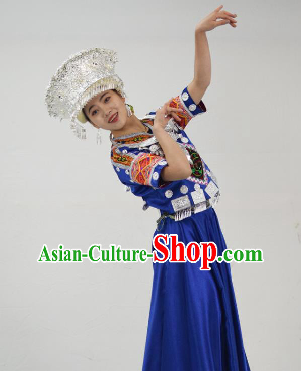 Chinese Hmong Minority Folk Dance Royalblue Dress Ethnic Festival Garment Outfits Miao Nationality Clothing and Headwear