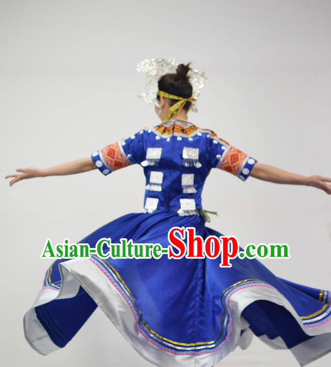Chinese Hmong Minority Folk Dance Royalblue Dress Ethnic Festival Garment Outfits Miao Nationality Clothing and Headwear