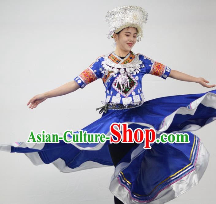 Chinese Hmong Minority Folk Dance Royalblue Dress Ethnic Festival Garment Outfits Miao Nationality Clothing and Headwear