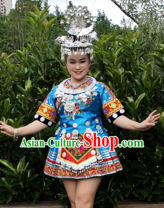 Chinese Xiangxi Minority Blue Short Dress Ethnic Folk Dance Garment Outfits Miao Nationality Performance Clothing
