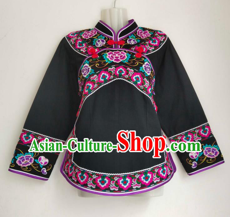 Chinese Ethnic Folk Dance Embroidered Shirt Clothing Bouyei Nationality Black Blouse Guizhou Minority Woman Top Garment