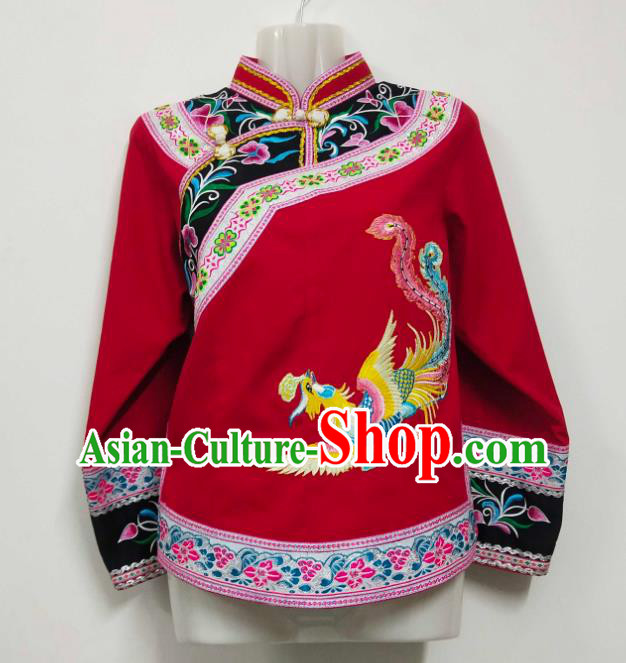 Chinese Bride Embroidered Phoenix Red Top Garment Guizhou Ethnic Clothing Bouyei Nationality Wedding Blouse