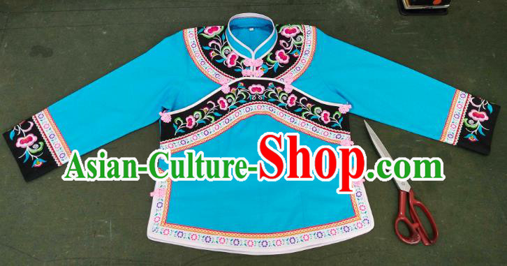 Chinese Guizhou Ethnic Performance Clothing Bouyei Nationality Woman Blouse Embroidered Blue Top Garment
