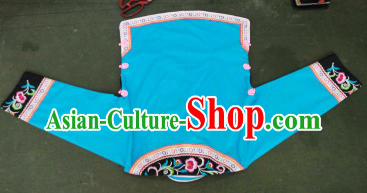 Chinese Guizhou Ethnic Performance Clothing Bouyei Nationality Woman Blouse Embroidered Blue Top Garment