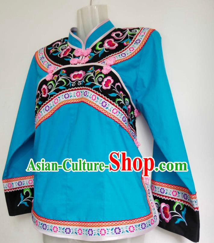 Chinese Guizhou Ethnic Performance Clothing Bouyei Nationality Woman Blouse Embroidered Blue Top Garment
