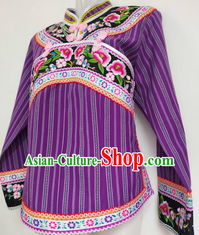 Chinese Embroidered Purple Top Garment Guizhou Ethnic Performance Clothing Bouyei Nationality Woman Blouse