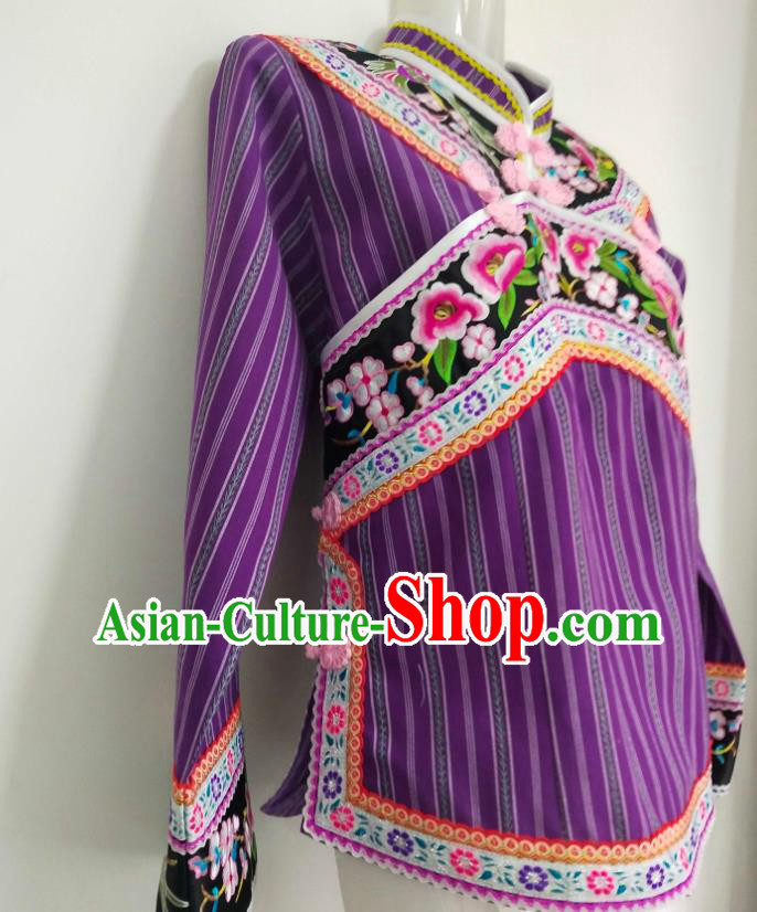 Chinese Embroidered Purple Top Garment Guizhou Ethnic Performance Clothing Bouyei Nationality Woman Blouse