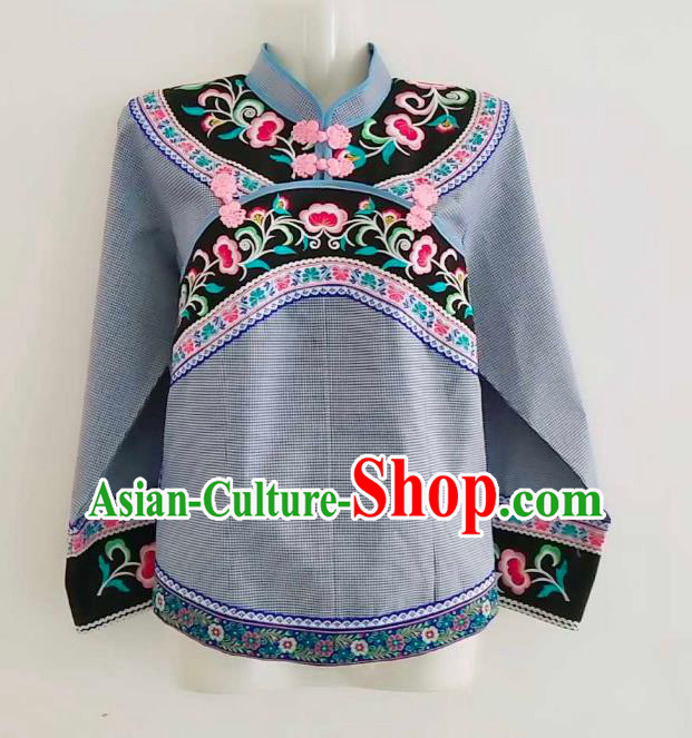 Chinese Guizhou Ethnic Dance Clothing Bouyei Nationality Embroidered Grey Blouse Top Garment
